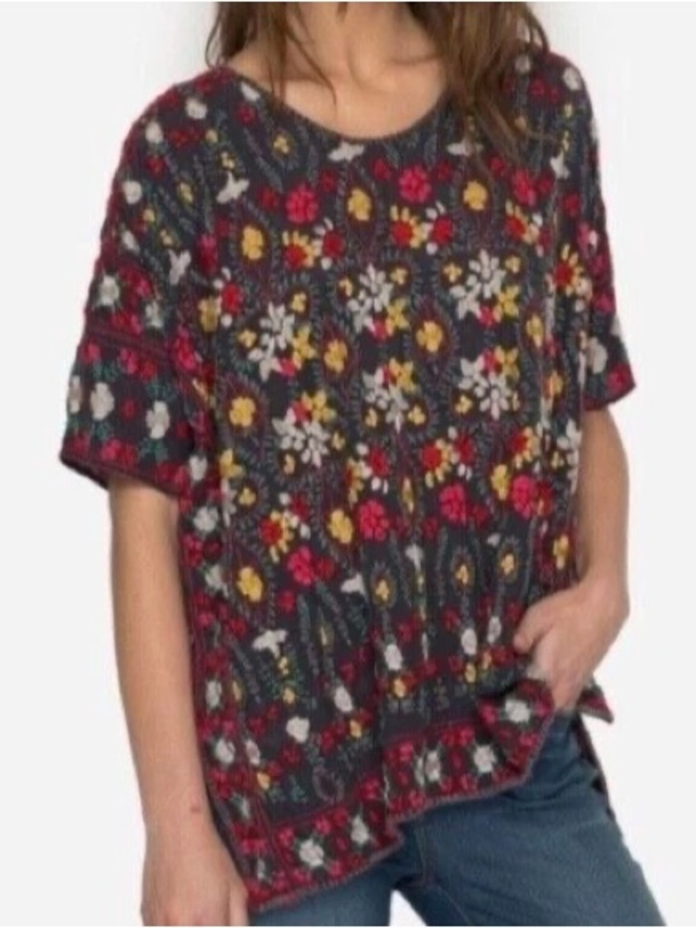 Johnny Was Sybill Embroidered Floral Pattern Short-Sleeve Top Blouse